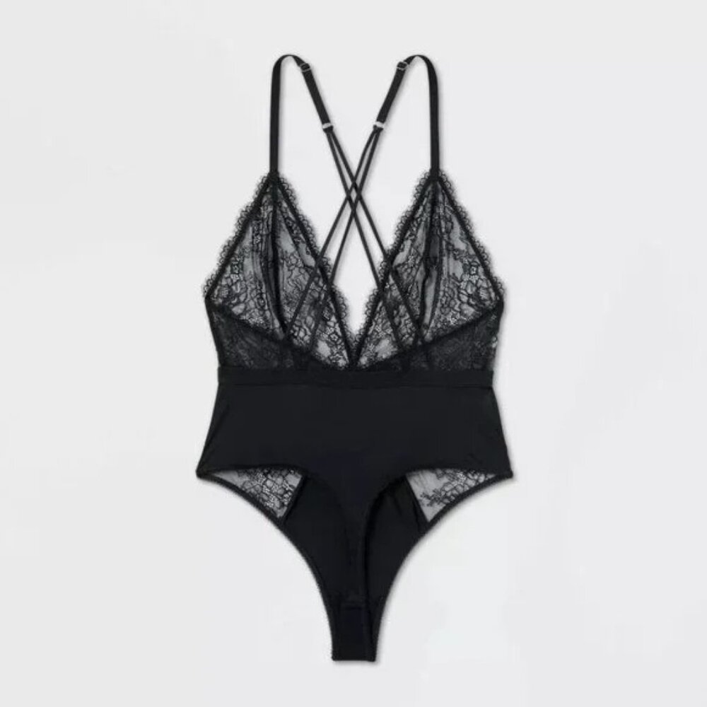 NEW Auden Elegant Lace Unlined Thong Bodysuit - Black - Size XL